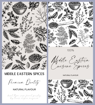 Middle Eastern spice label design set. Basil, mint, rosemary, parsley, sage, bay leaf, fennel sketches. Herbs hand-drawn vectot illustration. Vintage spice templates. NOT AI generated